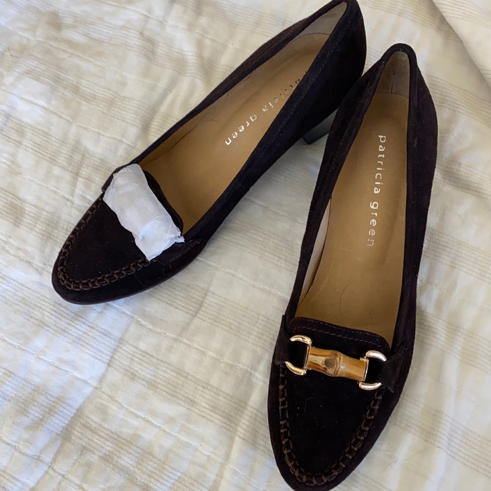 Patricia Green Brown Suede Heels with Wood Toggle and Gold Accents